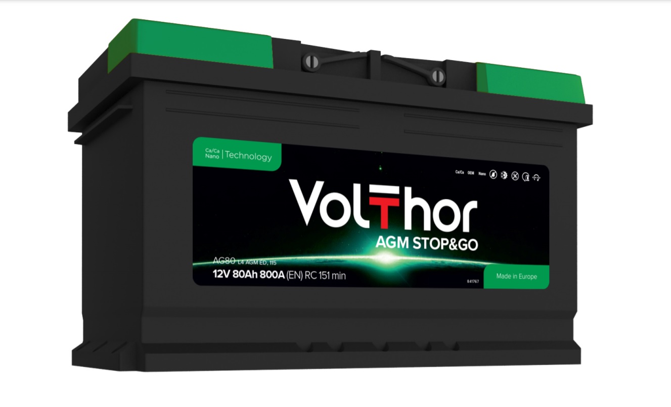 Акумулятор легковий VOLTHOR 6СТ-80(0) (800А) AGM STOP&GO 12B, 80Ah, 800A, плюс зправа (R+) AGM 315X175X190 мм